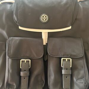 Tory Burch Black Nylon Backpack with Front Buckle Pockets and Logo